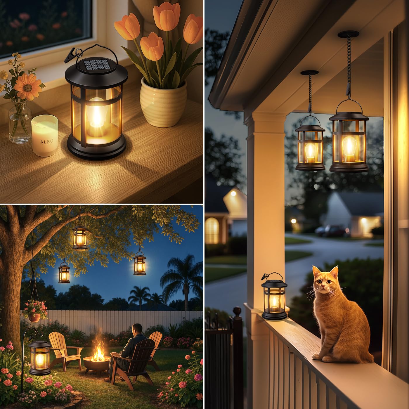 Faroles solares impermeables al aire libre: paquete de 6 luces solares colgantes para exteriores, patio, porche, jardín, decoración de mesa, iluminación LED brillante blanca cálida, funciona