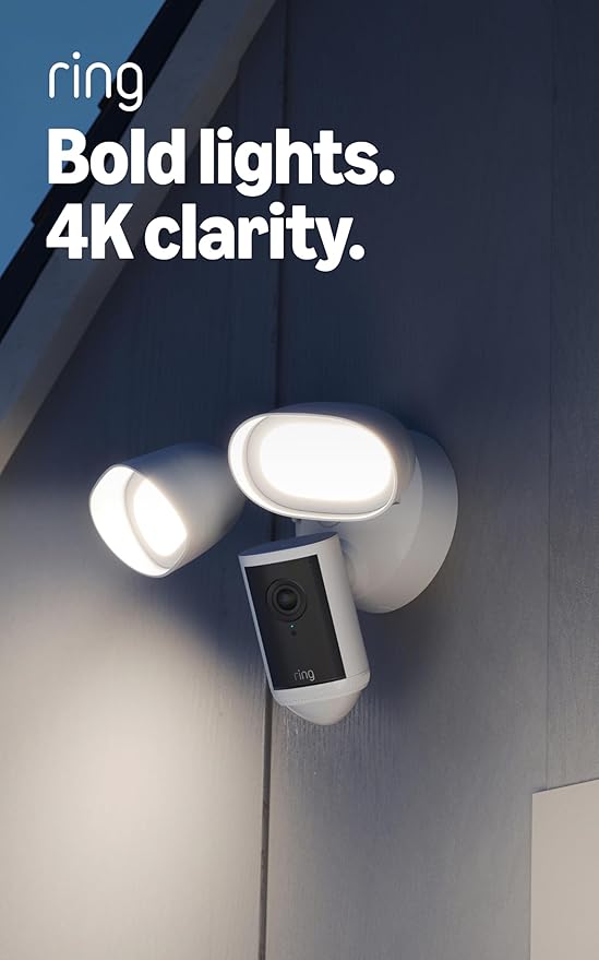Ring Floodlight Cam Pro, Wired (newest model), Home or business security, Retinal 4K with wide-angle video, 10x Enhanced Zoom, and 2000 Lumen Floodlights, White