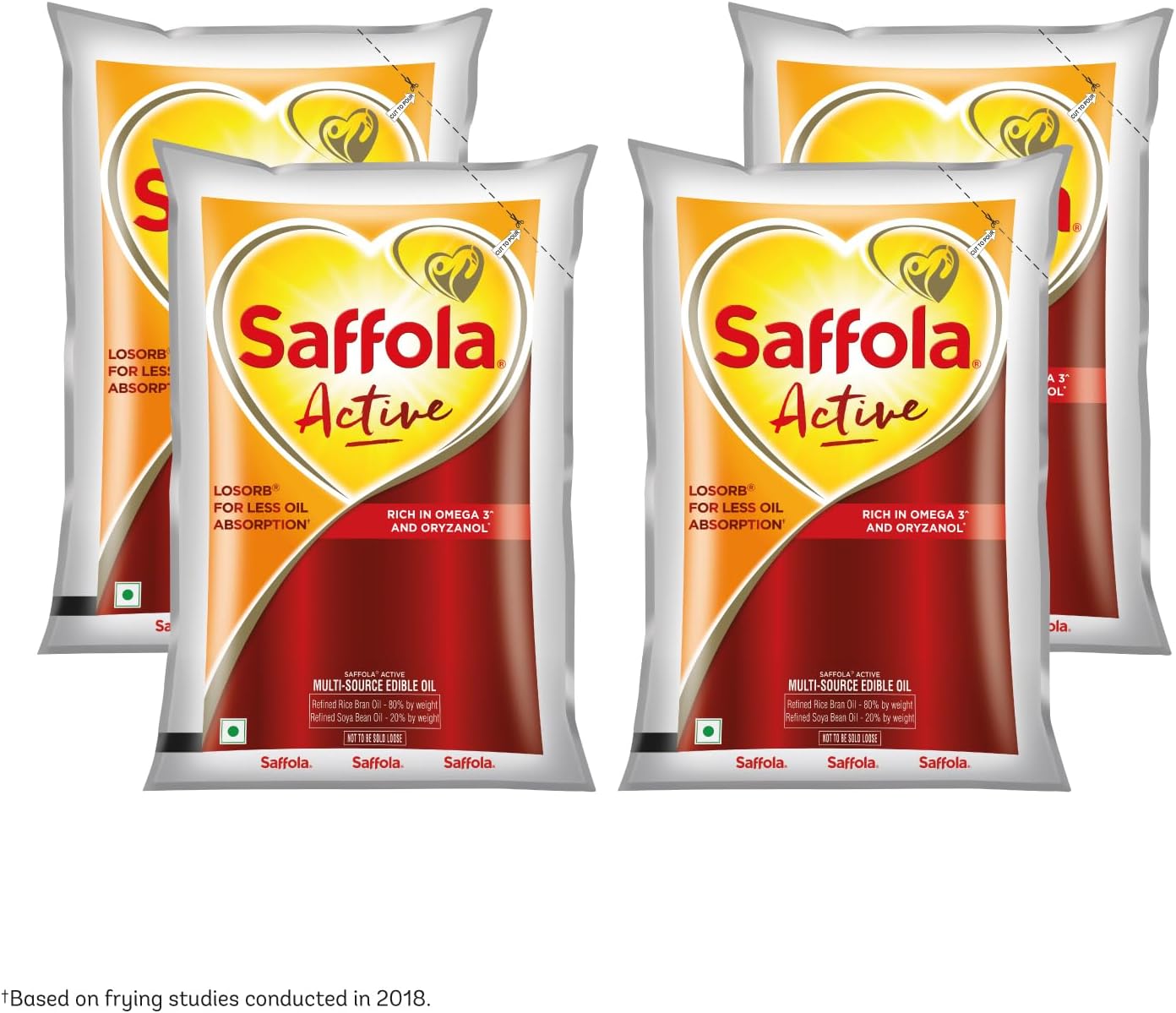 Saffola Active Refined Cooking oil | Rich in Omega 3 & Oryzanol | Multi-Source Edible Rice Bran & Soyabean oil| 4 x 930ml / 850g pouch (Weight May Vary)