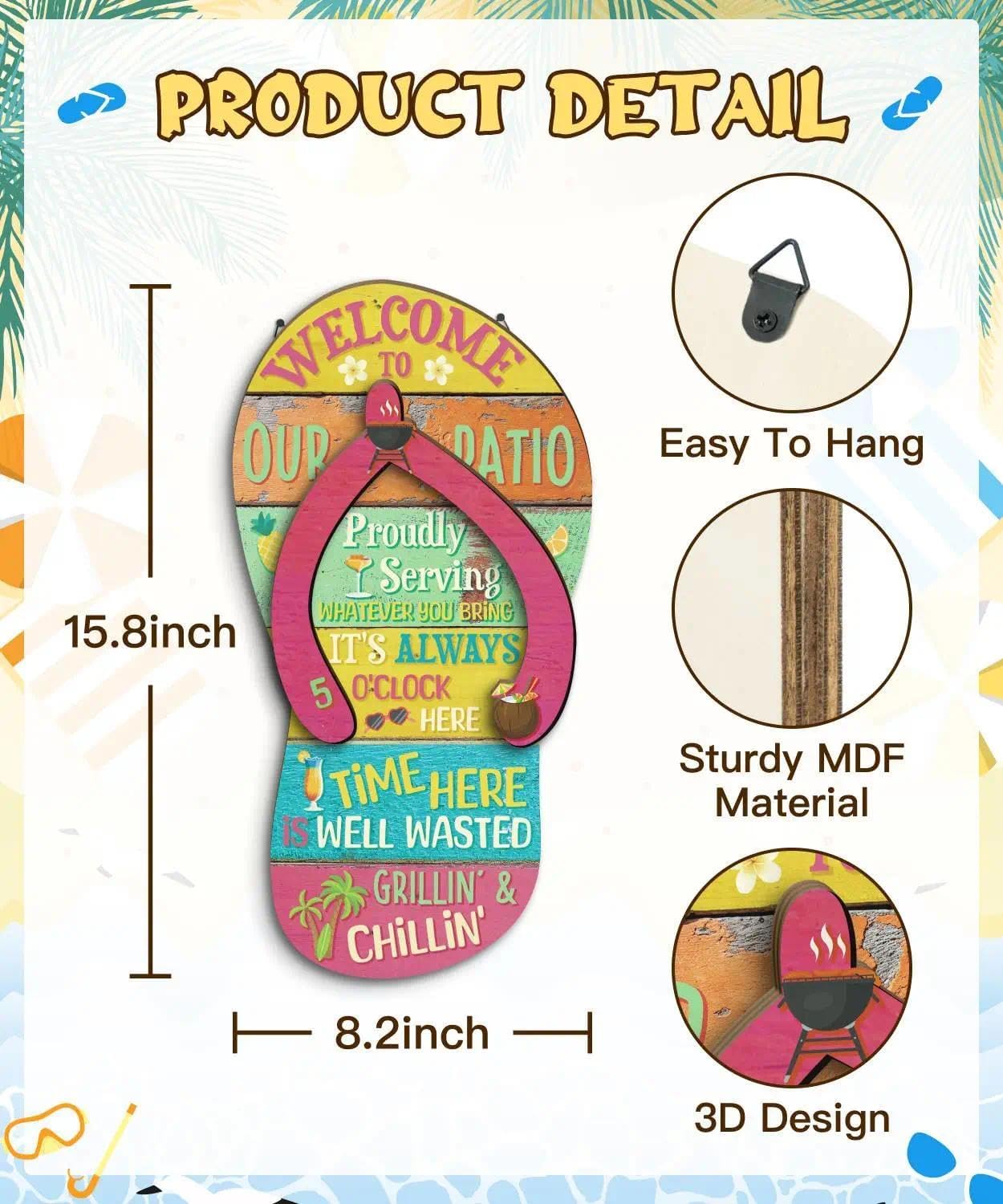 Putuo Decor Welcome to Our Patio Flip Flop Wall Decor, Funny Patio Rules Hanging Sign, Summer Outdoor Wall Hanging for Porch Deck Backyard image 2