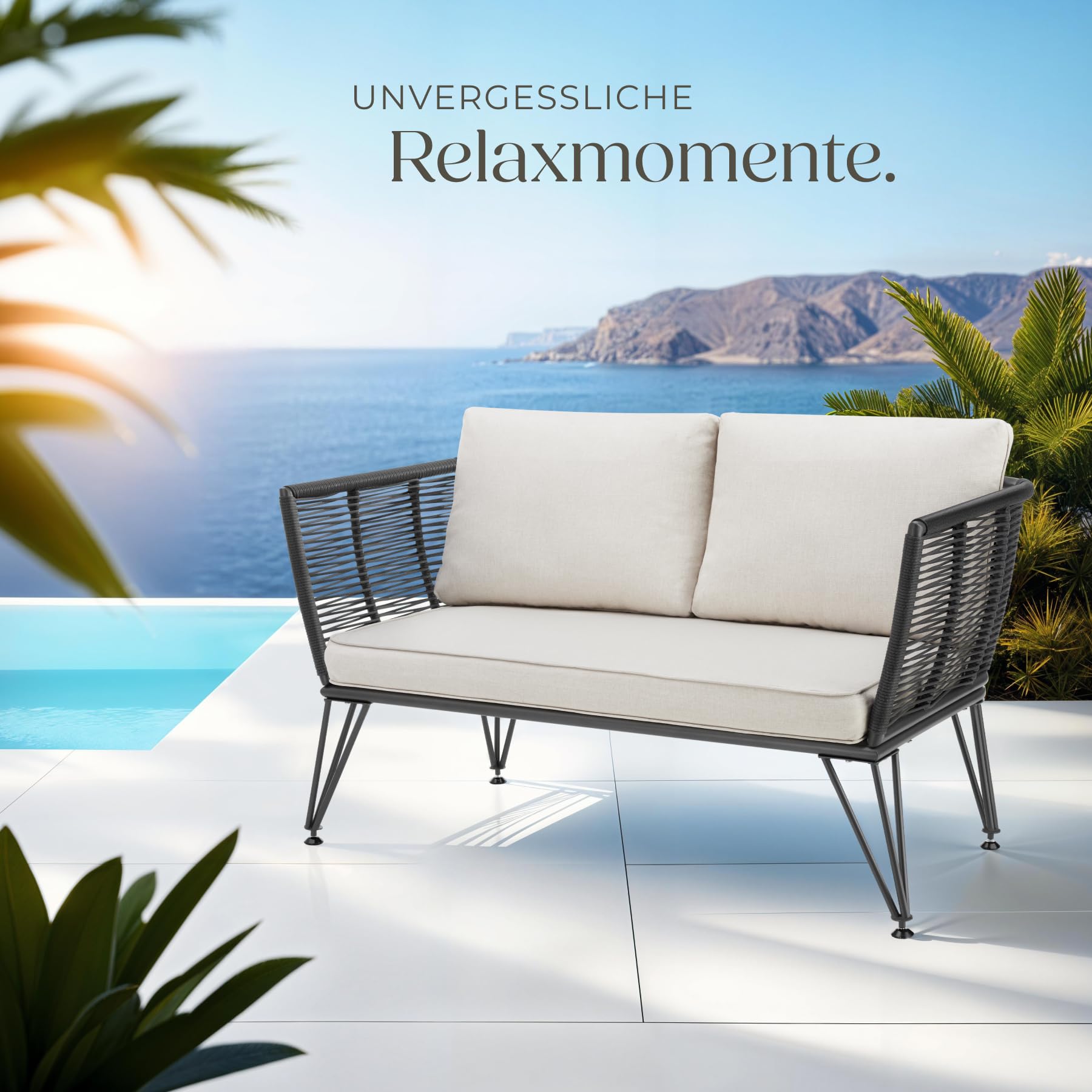tectake® Rattan Lounge Sofa, Lounge Möbel Outdoor, Balkon Möbel, Outdoor Möbel, Rattan Gartenmöbel, Gartensofa mit Outdoor Kissen wetterfest, Balkonmöbel Kleiner Balkon, Wintergarten