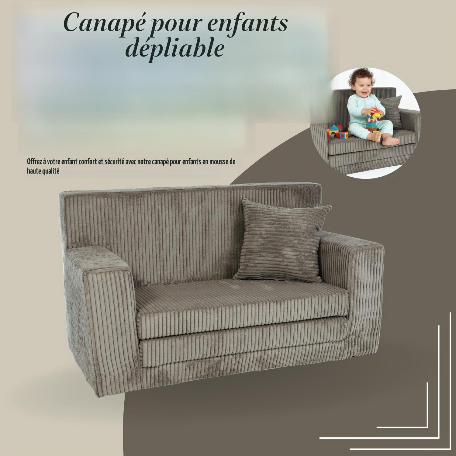 FORTISLINE Canapé pour enfant, dépliable, en velours côtelé, 83 x 47 x 43 cm, avec surface de couchage de 112 cm, canapé pour chambre d'enfant, avec coussin, housse amovible et lavable, certifié