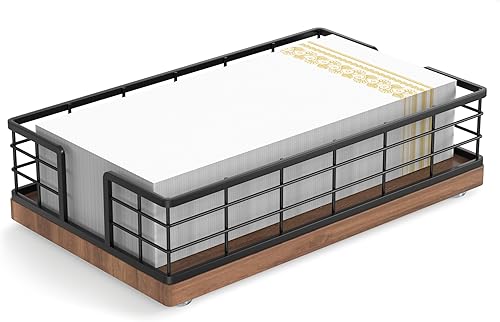 Bandeja para toallas de invitados para baño, soporte de servilletas de roble y hierro para tocador, mesa de comedor, cesta de madera para toallas de