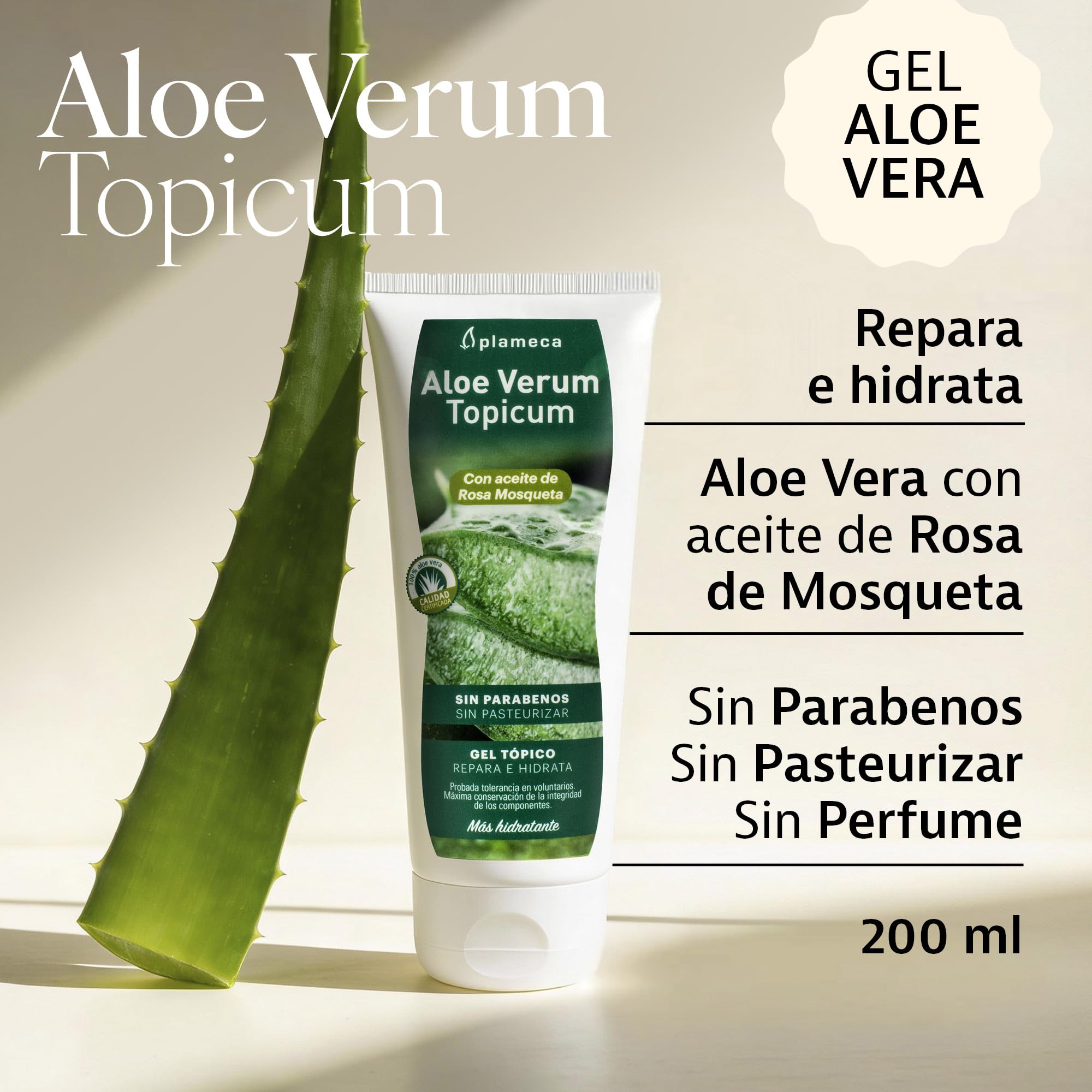 PLAMECA Aloe Verum Topicum, Hidratante y regenerador Gel Aloe Vera y Rosa Mosqueta Sin Pefume ni Parabenos, 200 ml