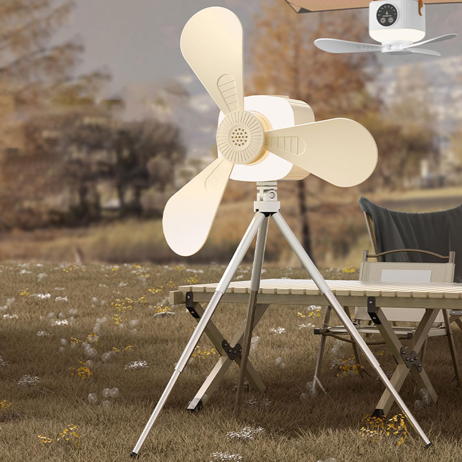 Asixxsix Camping -Lüfter mit LED -Laterne, 3600 -mAh -Batterie USB -wiederaufladbarer Deckenventilator in Aromatherapie Box Tragbarer Hängeventilator für Zelt, Camping, Outdoor (Creme)
