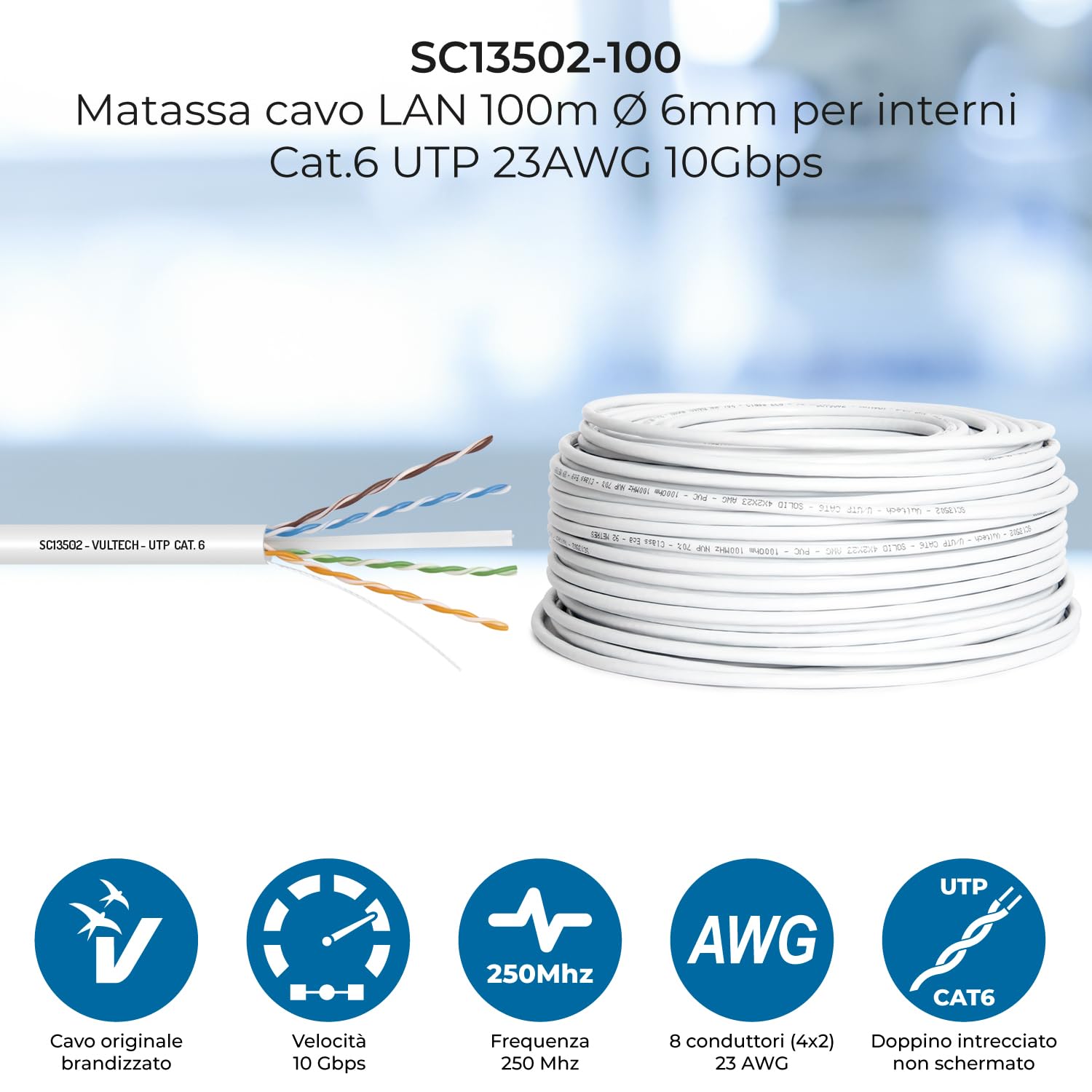 VulTech SC13502-100 Bobina Matassa Lan Categoria 6 UTP 100 Metri 23AWG Ethernet cavo rete impianti alta velocità 1Gbps 100m Cat6, 100 Ohm, 250Mhz, 10/100/1000 Mbps