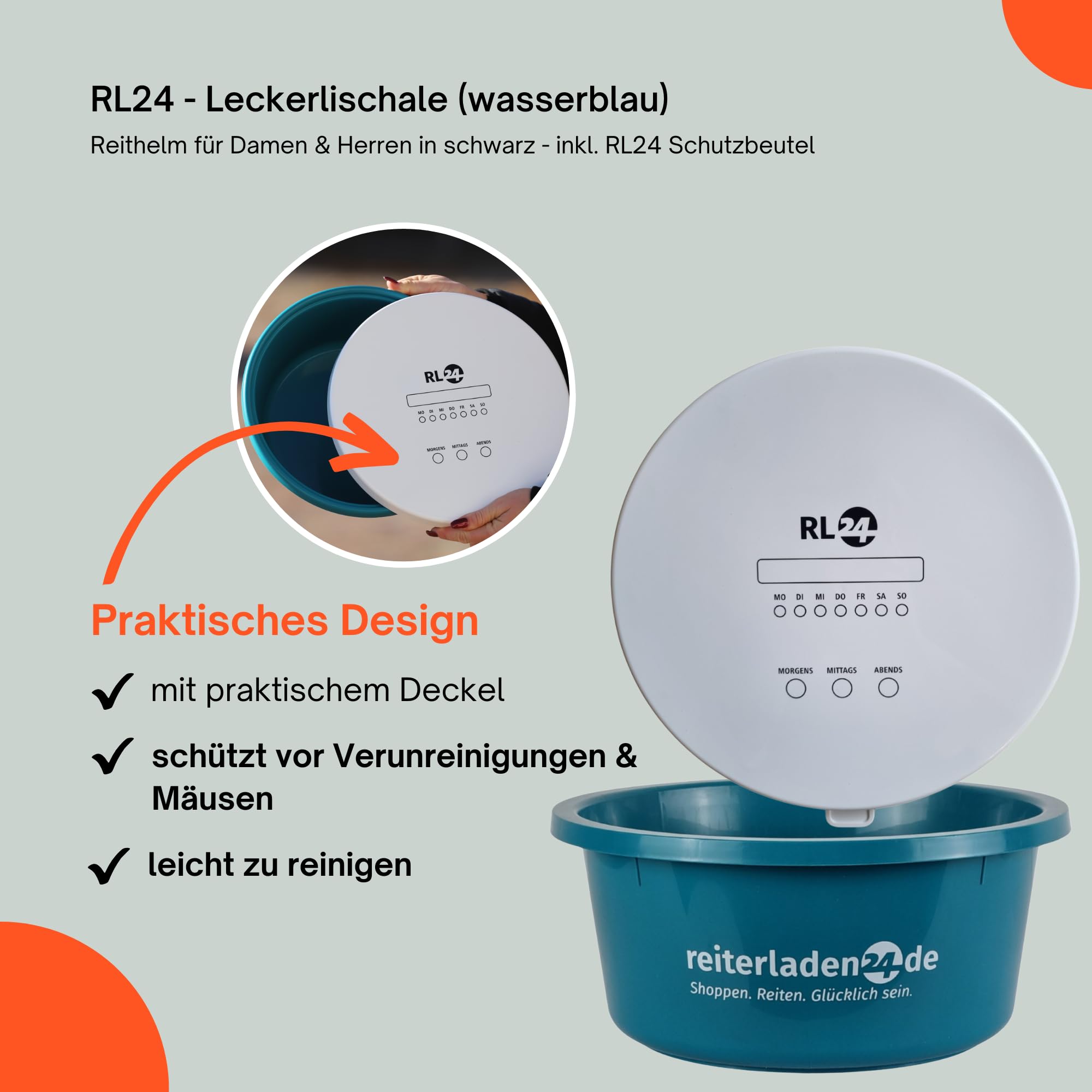 RL24 - Leckerlischale – Pferde Müslischale mit Deckel – Futterschale zur Aufbewahrung von Leckerli & Pferdefutter – Leckerli-Dose in Wasserblau – 3 Schalen á 6l (3er Set) – Pferdezubehör