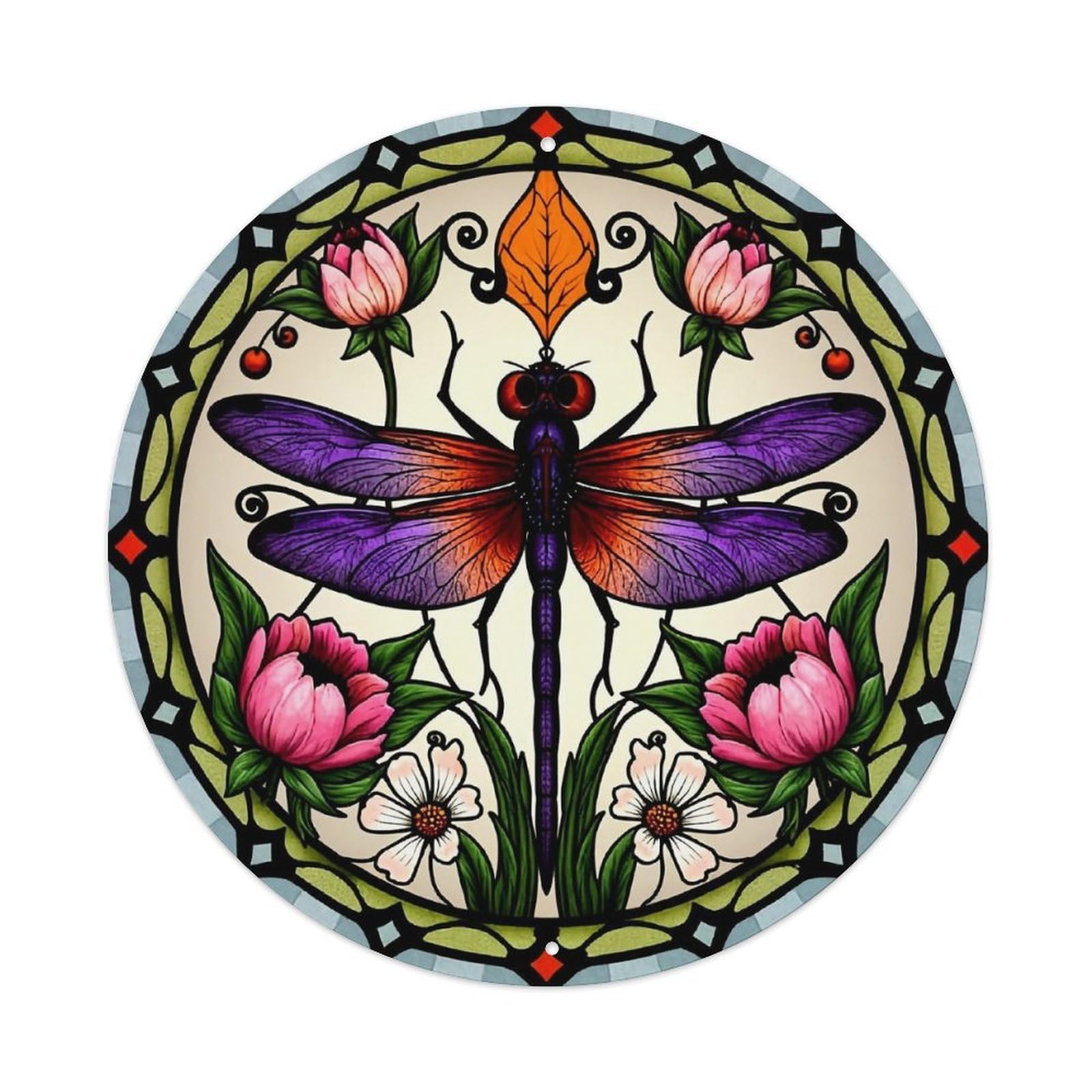 Dragonfly Floral Stained Glass Pattern Round Tin Sign Vintage Metal Sign Home Bar Garden Indoor & Outdoor Wall Decor Retro Metal Poster 8x8 Inch