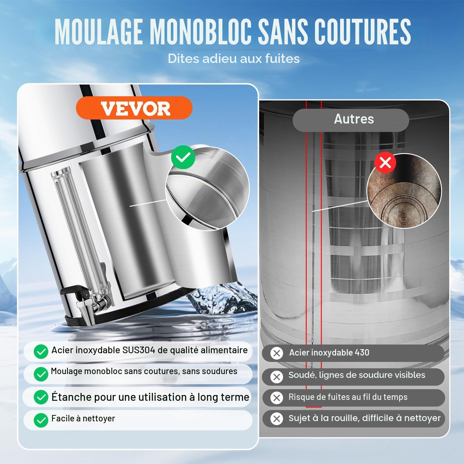 VEVOR Système de Filtration d'Eau par Gravité 8,5 L, Filtre à Eau par Gravité Réduction du Plomb et jusqu'à 99% du Chlore, en Inox 304, avec 2 Filtres à Charbon, Robinet, Niveau d’Eau et Support