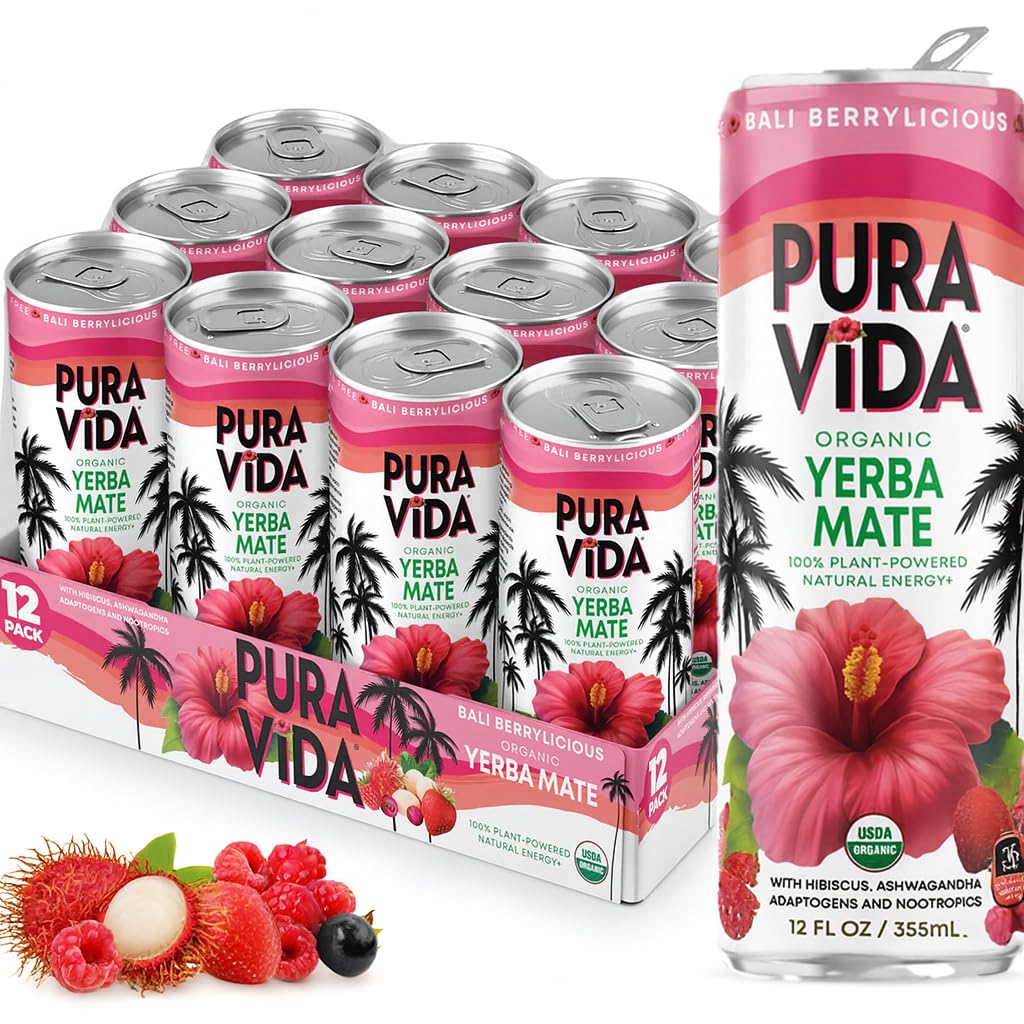 PURA VIDA YERBA MATE+ Functional Beverage | Hibiscus Flower Infusion with Adaptogens & Nootropics (Ashwagandha, Lions Mane, Reishi, Chaga, Cordyceps) | Only 35 Calories, 6 grams Organic Cane Sugar and 120 mg Natural Energy· 12oz (12-Pack) Bali Berrylicious 12 Fl Oz (355 mL) Can, 12-Pack