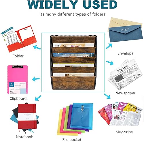 Miniatura 8 de PAG Organizador de archivos de pared para oficina, 6 niveles, rústico, colgante, estante de almacenamiento de pared para