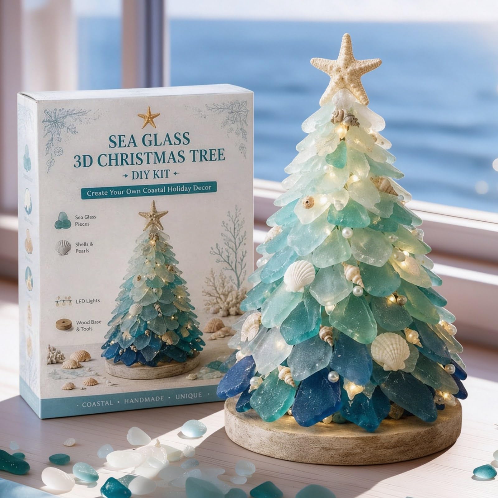 DIY Sea Glass Christmas Tree Art Kit, Light Up Craft Kit for Adults(A)
