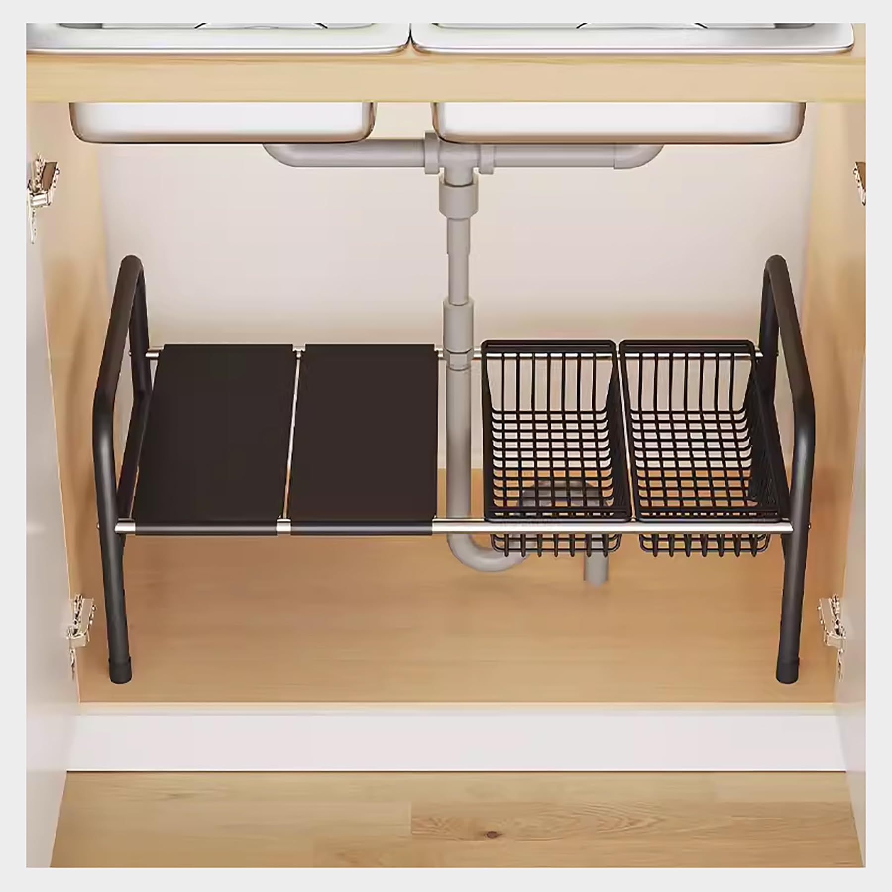 Scaffale portaoggetti in metallo espandibile a 2 ripiani per armadio da cucina, 1 ripiano con 2 ripiani e 1 cestino, regolabile sotto il lavandino, soluzione di archiviazione per organizzare la cucina