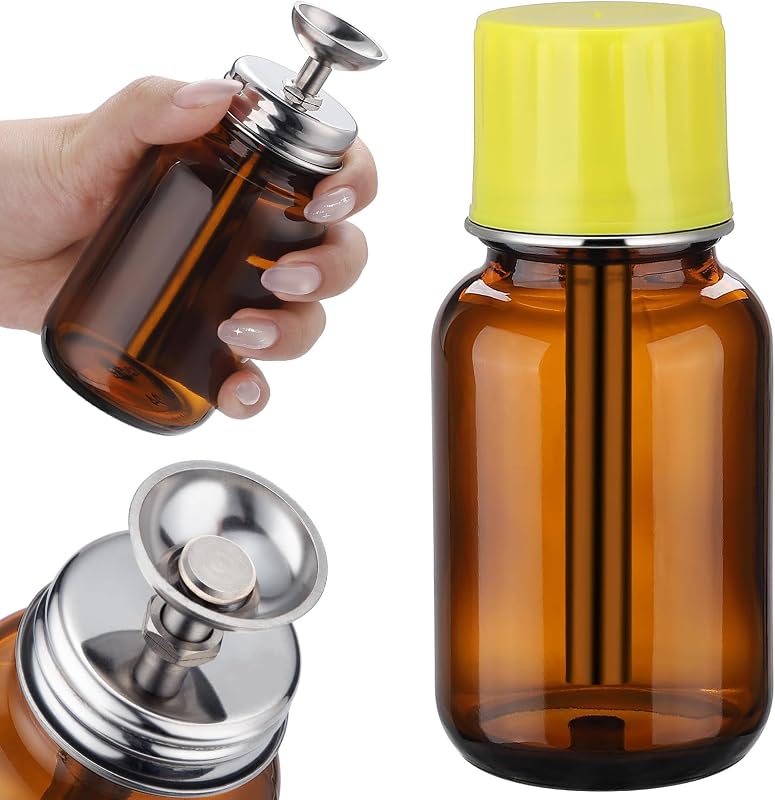 4Oz / 120ml Glass Dispensing Bottles with Copper Core for Acetone/PFA/LDPE | One-Touch Liquid Dispenser Pump with Cover for Chemical & Industrial Liquids, Refillable Sample Tincture Containers, Amber