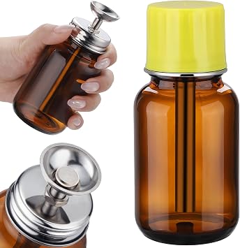 4Oz / 120ml Glass Dispensing Bottles with Copper Core for Acetone/PFA/LDPE, One-Touch Liquid Dispenser Pump with Cover for Chemical & Industrial Liquids, Refillable Sample Tincture Containers, Amber