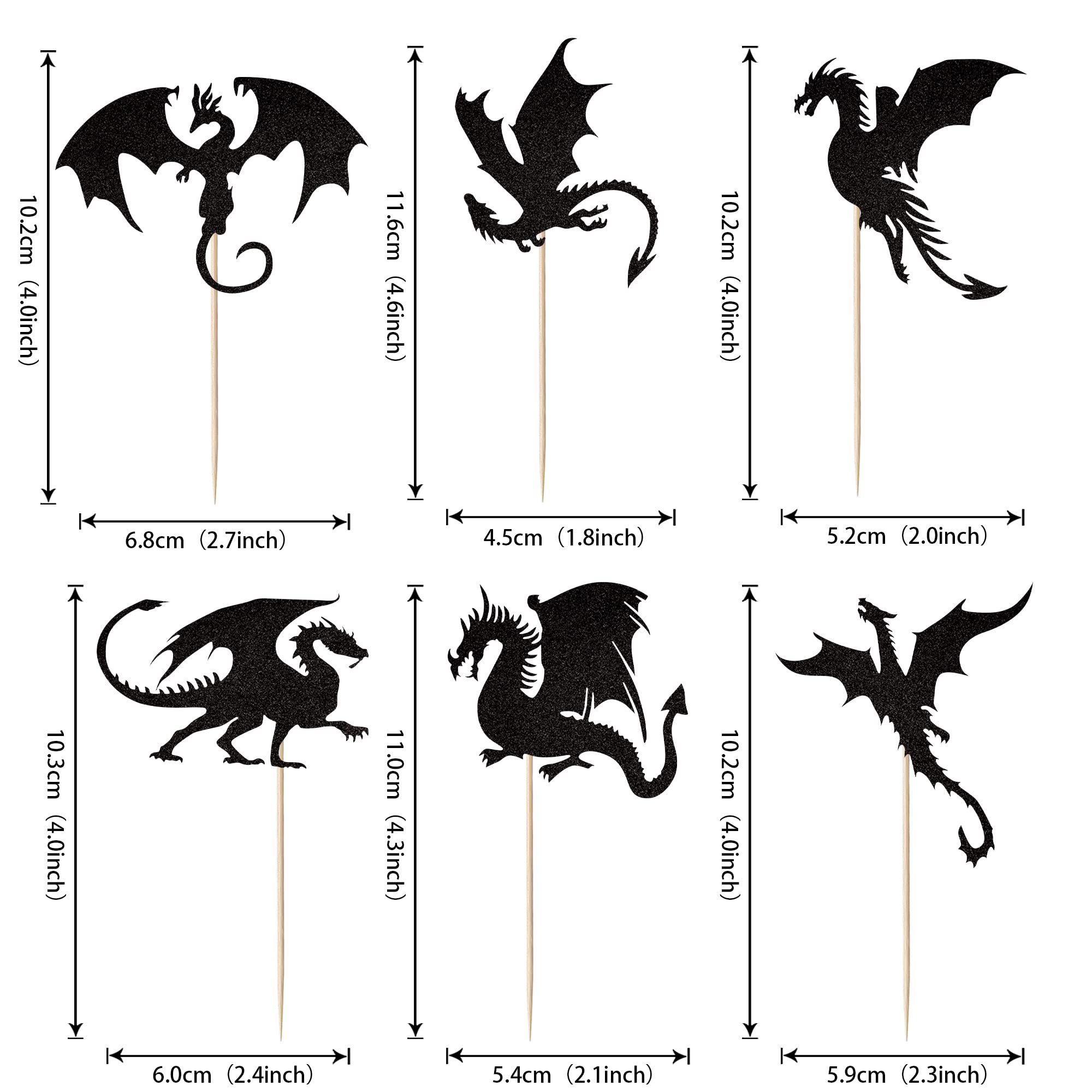 24 Pack Dragon Cupcake Toppers Glitter Fantasy Birthday Cupcake Picks for Flying Dragon Theme Baby Shower Kids Birthday Party Cake Decorations Supplies Black