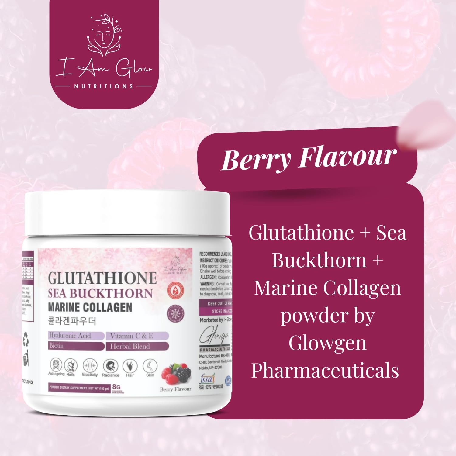 iam glutathione I AM GLOW NUTRITION Glutathione Sea Buckthorn Marine Collagen Powder with  Hyaluronic Acid Biotin Vitamin C and E Herbal Blend Supplement Powder for  Daily Skin Hair Nail Routine 100g (Raspberry) : Amazon.in: