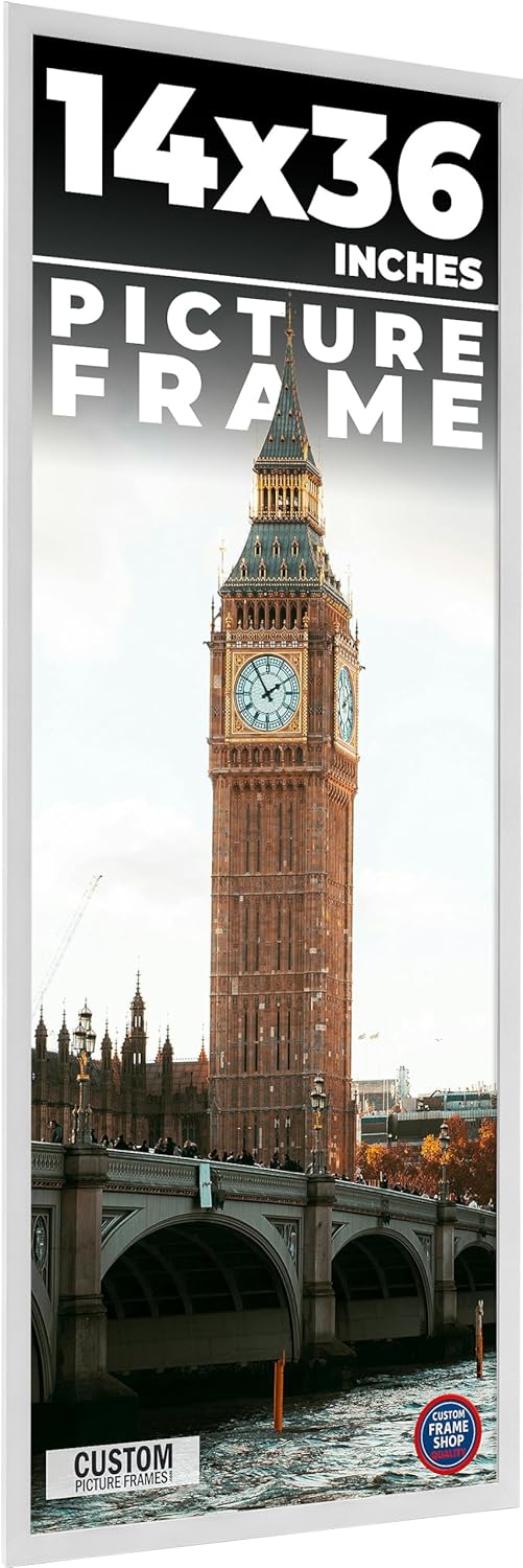 14x36 Frame White Real Wood Picture Frame Width 0.75 Inches | Interior Frame Depth 0.5 Inches | Bianca Mid Century Photo Frame Complete with UV Acrylic, Foam Board Backing & Hanging Hardware