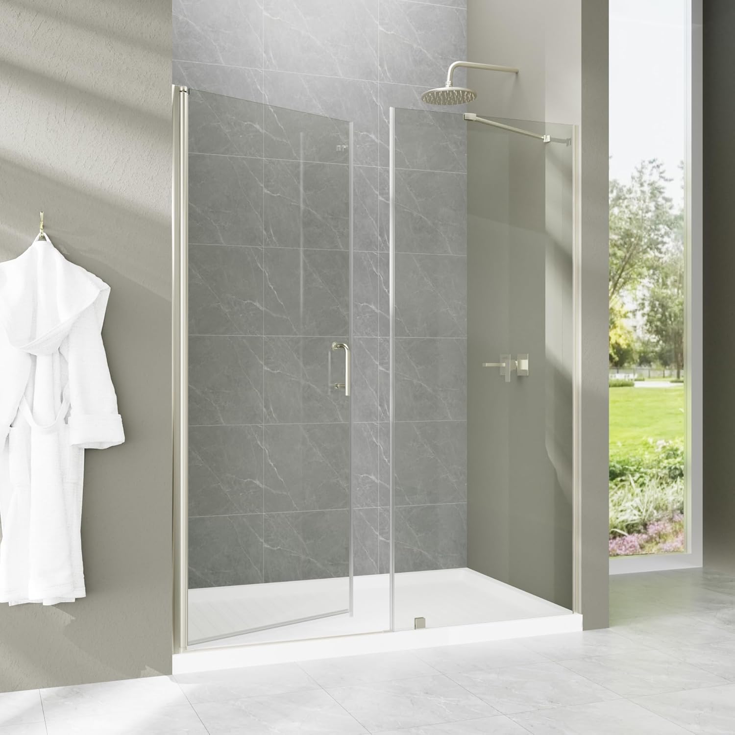 Strpozt 60" W x 72" H Semi-Frameless Pivot Glass Shower Door, Shower ...