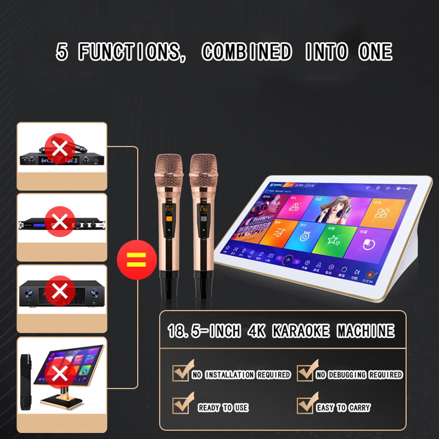 UWYTGF 18.5inch Karaoke System Set, Capacitive Touch Screen KTV Player with Wireless Microphone & 8 Inch Speaker, Built-in 500G Hard Drive, AI Intelligent Voice Control Song Function