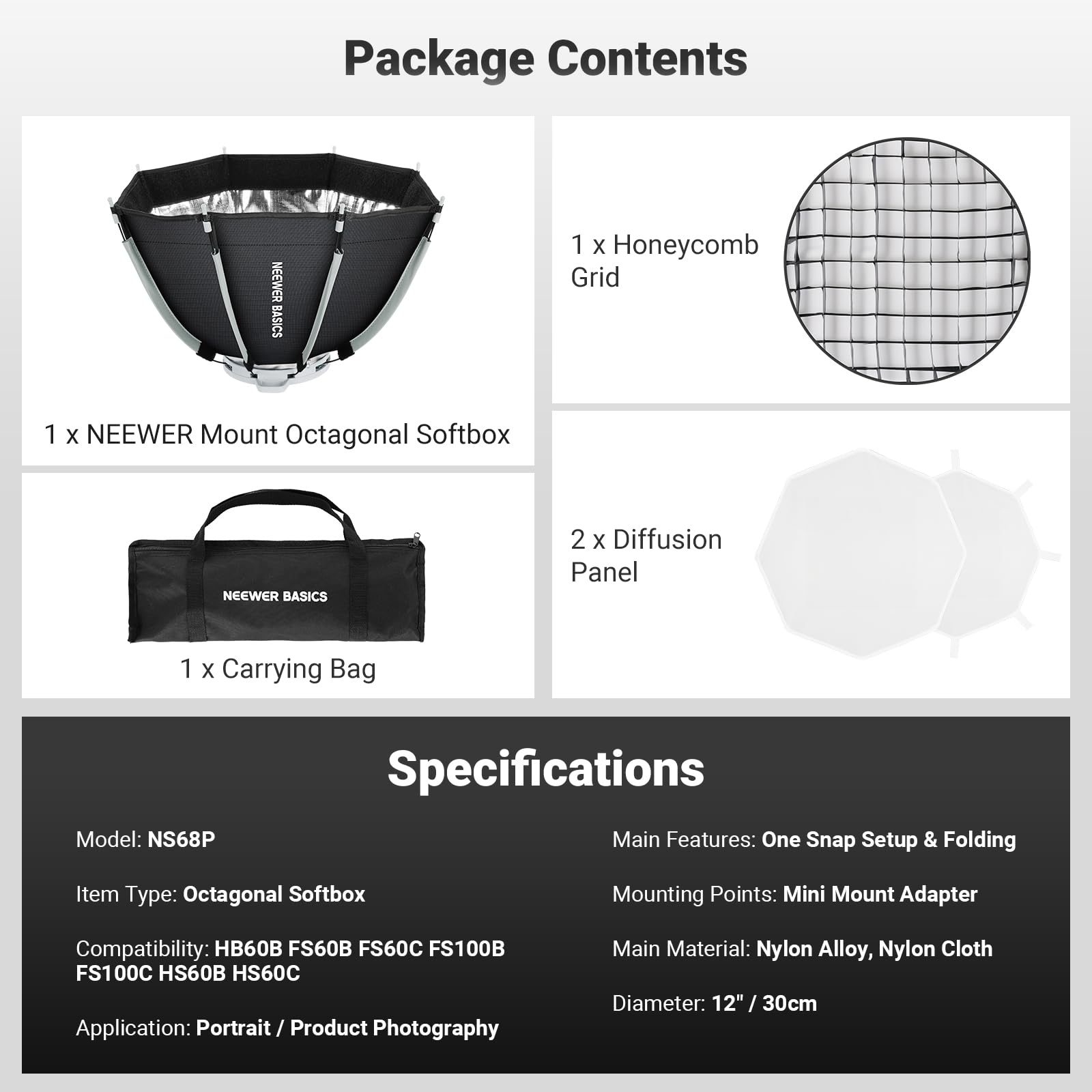NEEWER BASICS ośmiokątny Softbox 12"/30 cm z mini mocowaniem (bez mocowania Bowensa), zestaw mini miękkich pudełek Octabox Paraboliczny z dyfuzorami/siatką świetlną LED HS do fotografii wideo w studiu