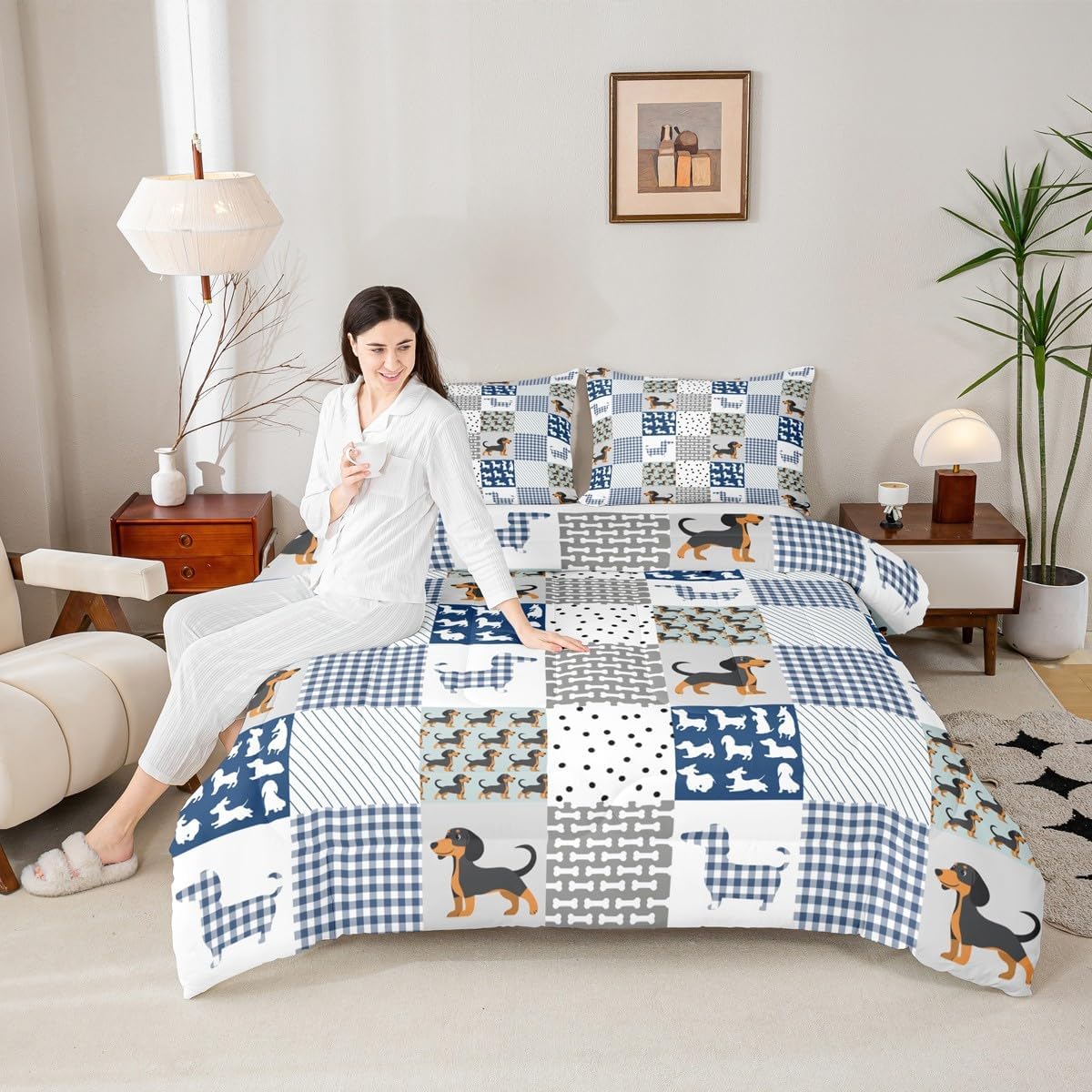 Feelyou Cartoon Dachshund Bedding Set Cute Puppy Dog Comforter Set Geometric Plaid Sausage Dog Comforter for Boys Girls Children Teens Dog Animal Blue Duvet Set Full Size Quilt Set