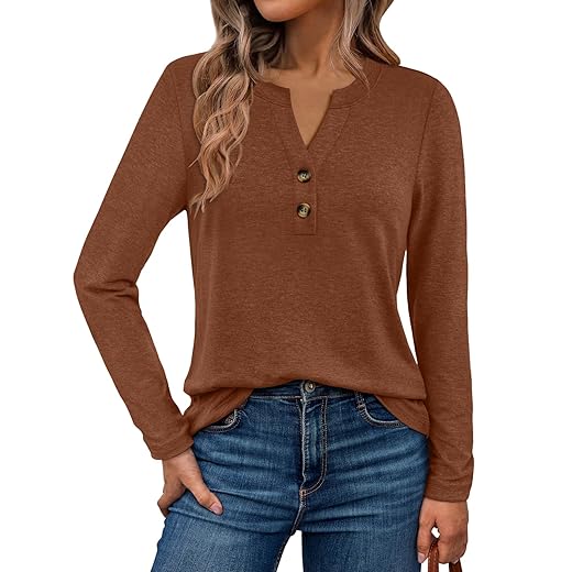 WYNNQUE Womens Long Sleeve Shirts Business Casual Outfits Dressy Tops Blouses Henley V Neck Fall Clothes