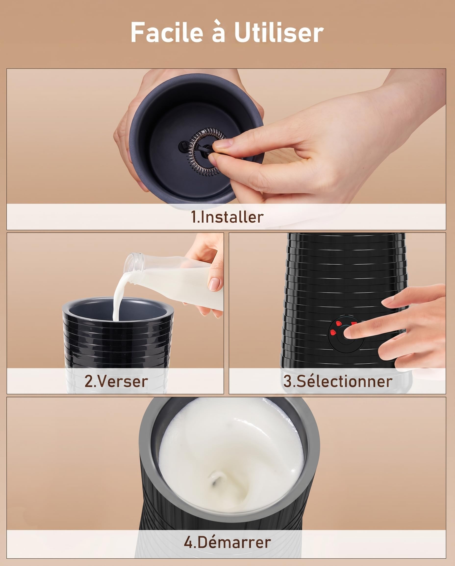 Morpilot Mousseur à Lait Électrique 4 en 1 à Mousse Chaude et Froide et Chauffe-lait, Emulsionneur Automatique 400W 240ml pour Cappuccino Macchiato Latte