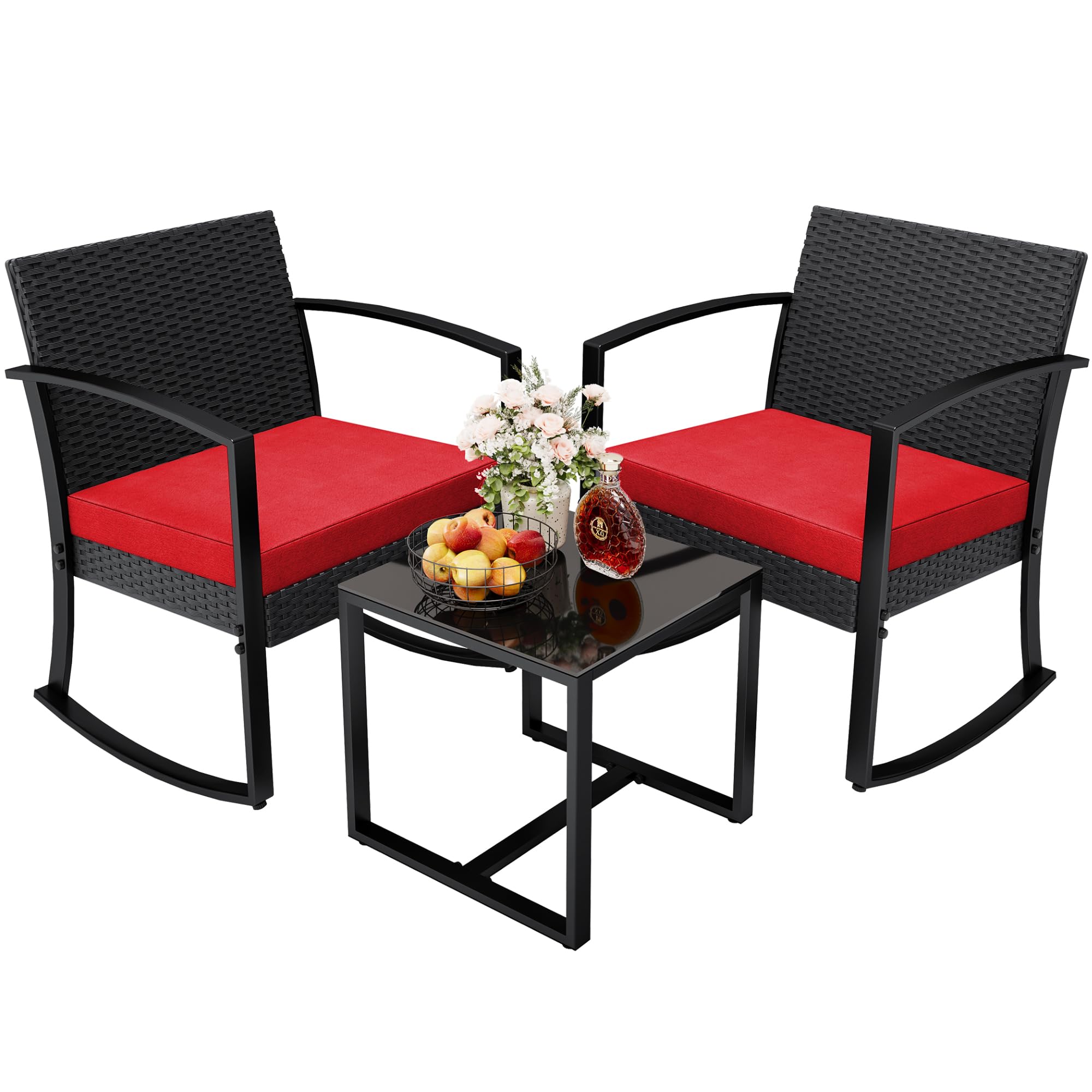 Greesum 3 Piece Patio Furniture Set, All-Weather Imitation Rattan Conversation Set, Outdoor Rocking Chair Bistro Set with Glass Top Coffee Table for Pool, Deck, Porch, Garden or Balcony, Red