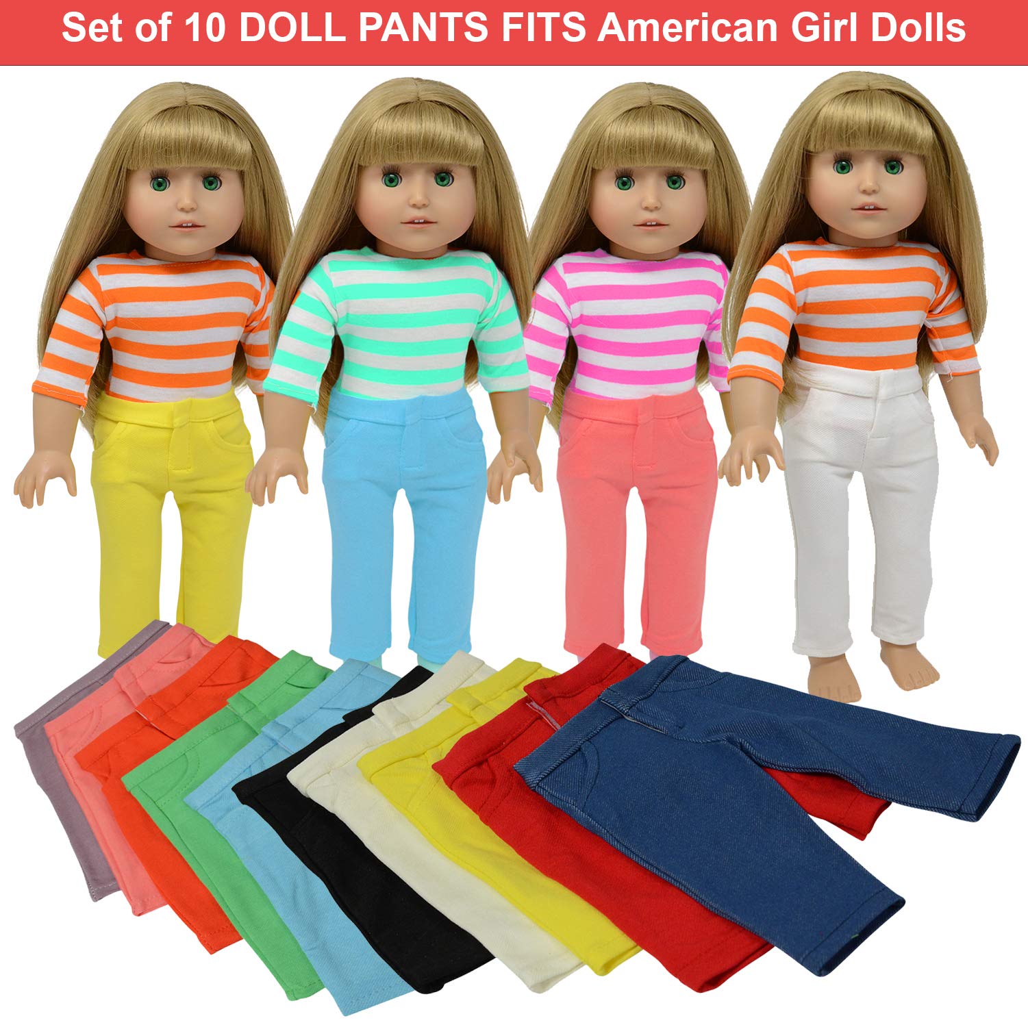 Set of 10 Solid Coloured Trousers for Fashion Girl Dolls - Doll Pants - Fits All 18 Inch/46cm Dolls - Doll Clothes - Doll Accessories
