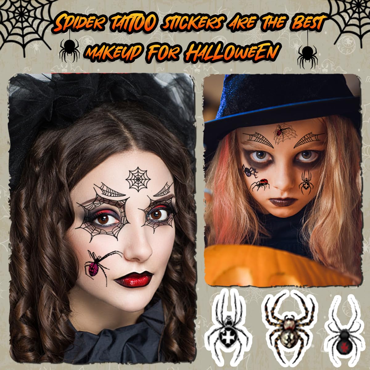 Tatuaggi Temporanei Di Halloween Per Bambini - 10 Fogli Luminescenti Con Ragnatele E Ragni 3D - Facili Da Applicare