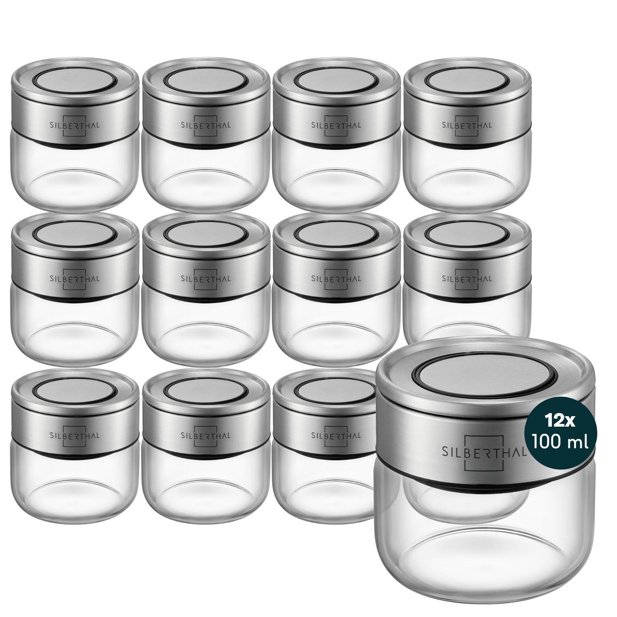 SILBERTHAL Set 12 botes especias cristal 100ml - Tapa inox hermética | Vidrio y acero inoxidable - Cierre hermético - 12 botes DE 100 ML - Apilables y ahorro DE espacio - Etiquetas incluidas