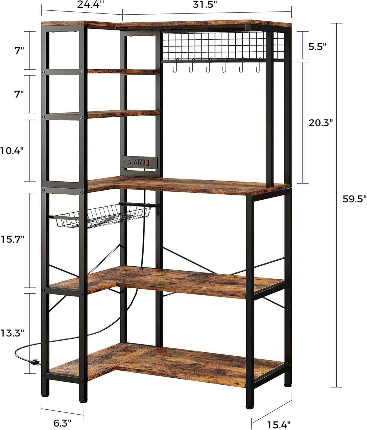 IRONCK Bakers Rack with Power Outlet, 5-Tier Corner Microwave Stand with Storage, Coffee Bar with 6 S-Shaped Hooks, Kitchen Shelves with Wire Basket