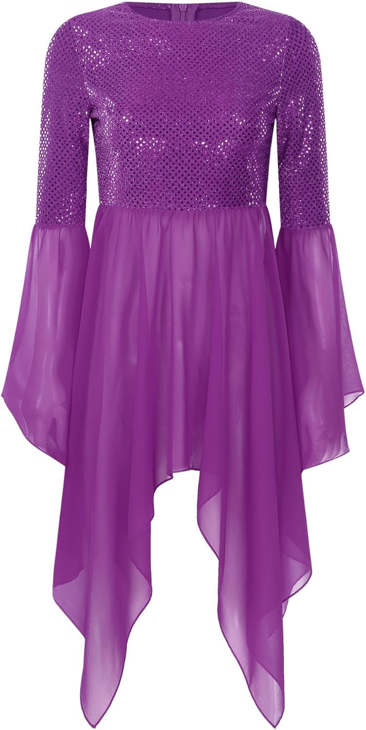 easyforever Women's Dance Overlays for Worship Shiny Sequins Praise Dance Dress with Maxi Skirt Set