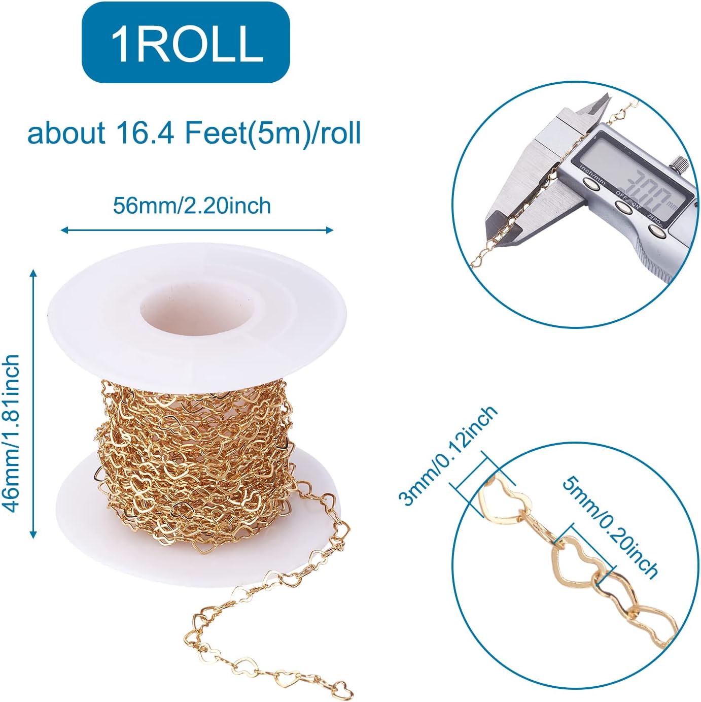 Pandahall 16.4 Feet 18K Gold Plated Brass Heart Link Chains 3x5x0.5mm Soldered Brass Cable Chains with Spool for Bracelet Necklace Jewelry Making - Image 2