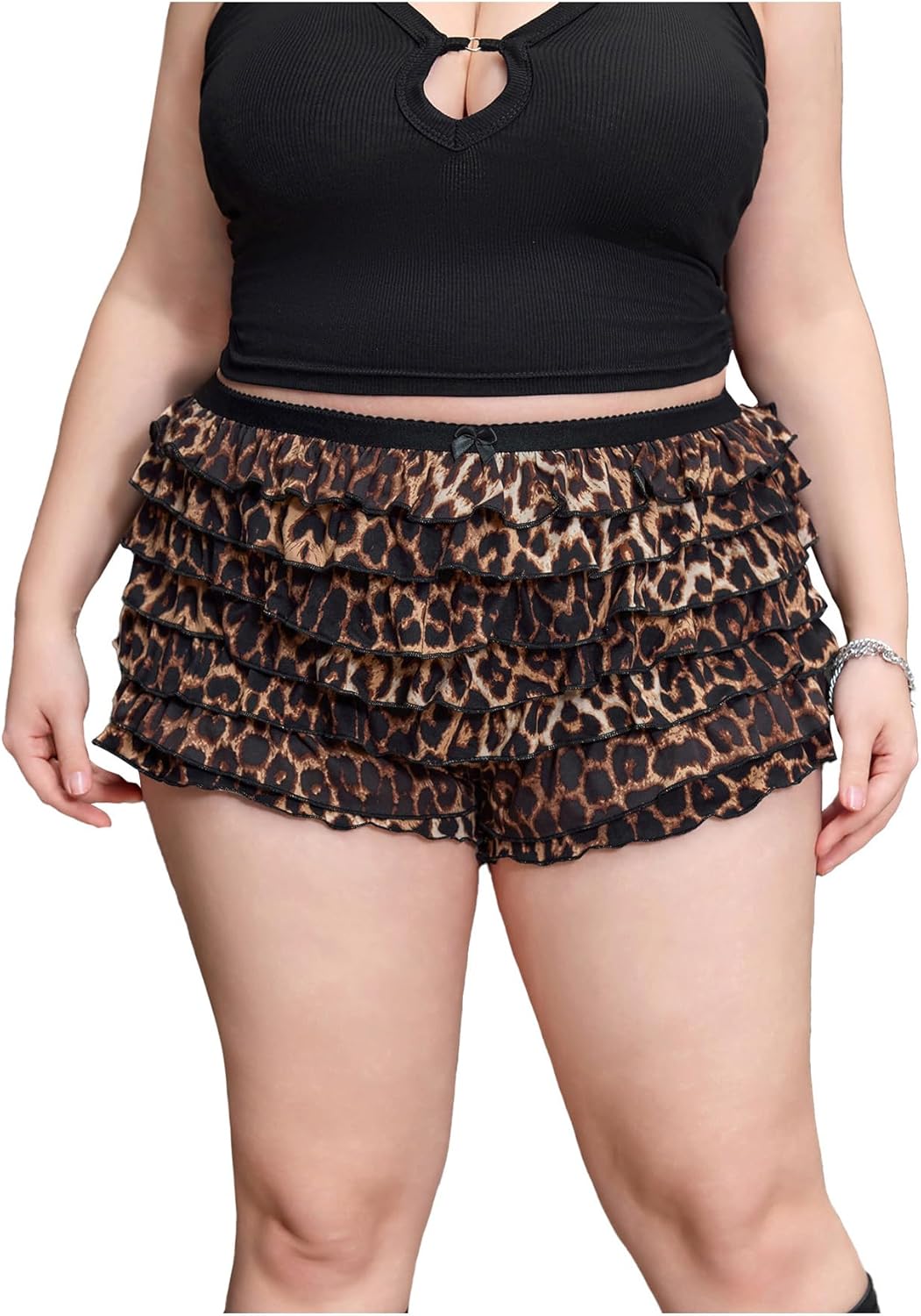 SOLY HUX Women's Plus Size Leopard Ruffle Mini Shorts Y2k Cheetah Print Bow Layered Bloomer Shorts