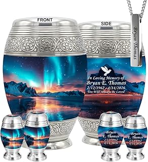 AmericUrn Custom Urn for Human Ashes Adult Female & Male - Set of 6 with 1 Large Urn, 4 Keepsakes and 1 Silver Necklace - Aurora Lakes