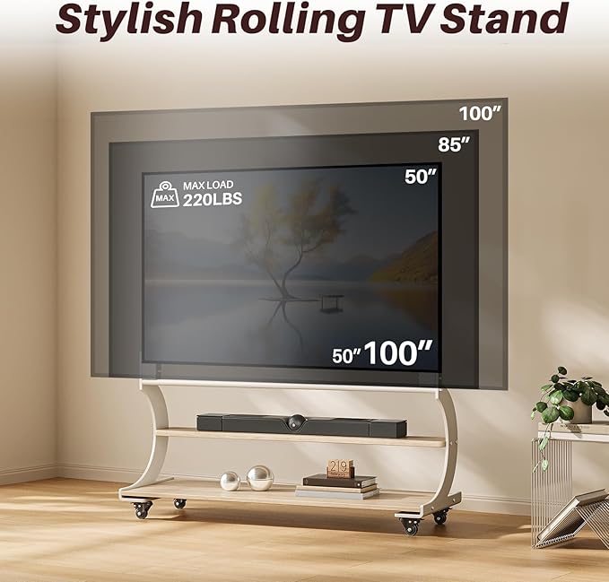 Soporte para TV rodante para TVs de 50-100 pulgadas, estante de madera, ruedas, ajustable, blanco marfil miniatura 3
