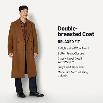 Amazon Essentials Men's Relaxed-Fit Double-Breasted Wool-Blend Long Coat