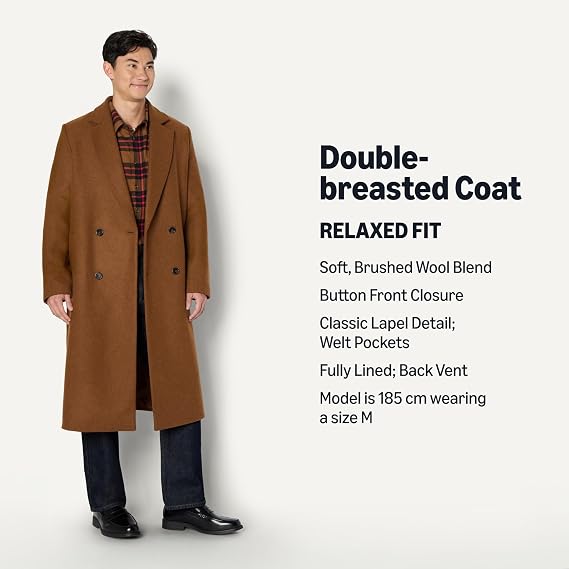 Amazon Essentials Men's Relaxed-Fit Double-Breasted Wool-Blend Long Coat