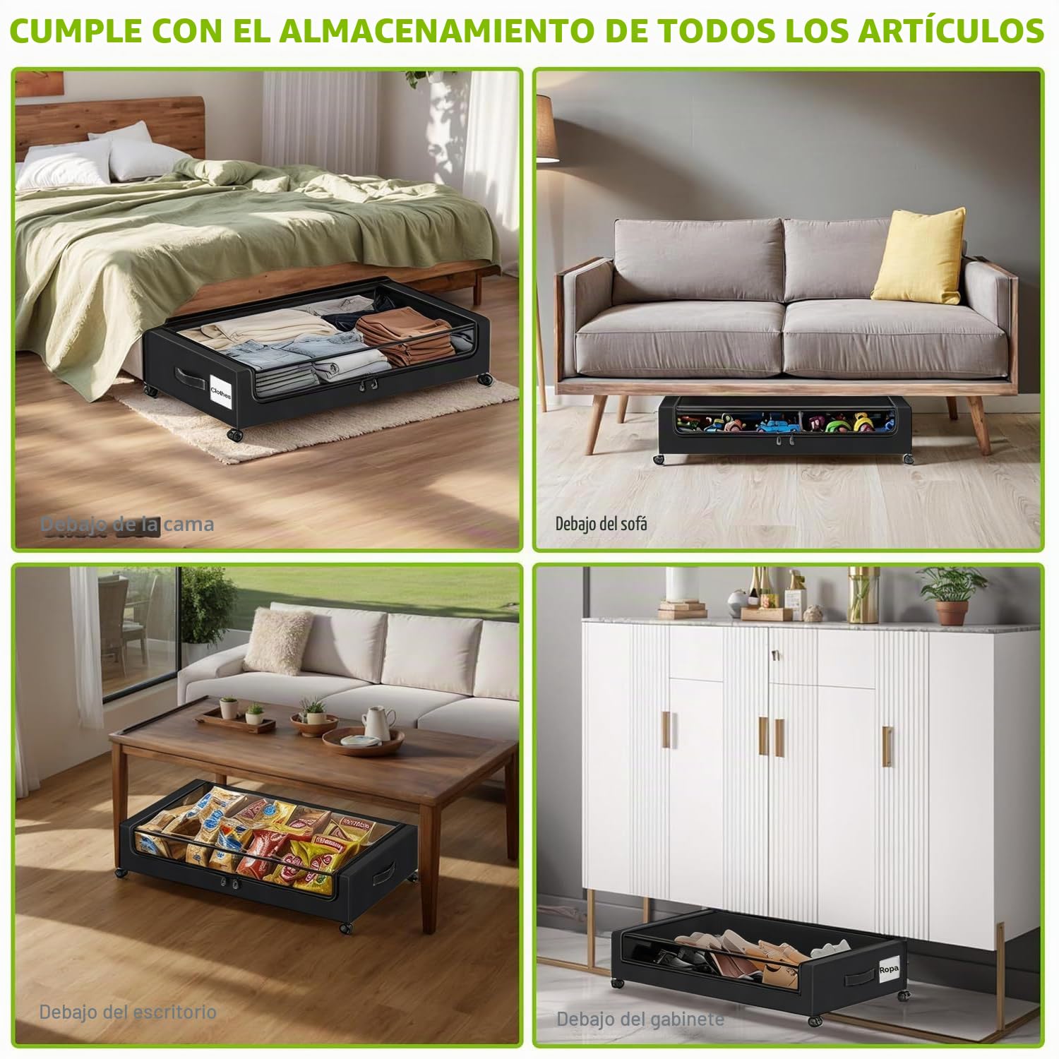 Caja de Almacenamiento Debajo de la Cama Con Ruedas y Marco Metálico,2 Piezas Versátil Organizador Ropa Para Zapatos Mantas Juguetes,Grande Capacidad,Negro,2 Piezas