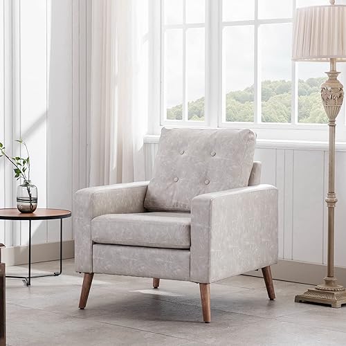 Sillón moderno de mediados de siglo, silla decorativa de piel sintética tapizada con patas de madera, botón de dormitorio, silla de lectura cómoda