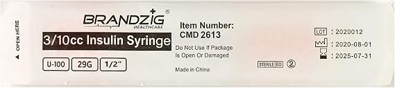 Brandzig U-100 Pet Insulin Syringes 29G 3/10cc, 1/2 100-Pack