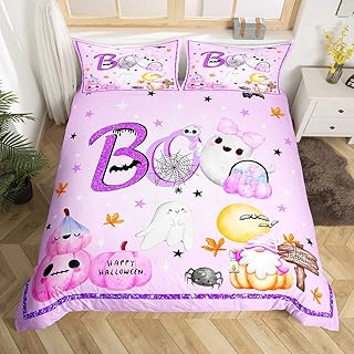 Kawaii Ghost Duvet Cover Set King Size,Purple Halloween Bedding Set 3Pcs for Kids Girls Boys Room Decor,Cute Pumpkin Lantern Bat Comforter Cover Festival Spider Gnome Quilt Cover,2 Pillowcases