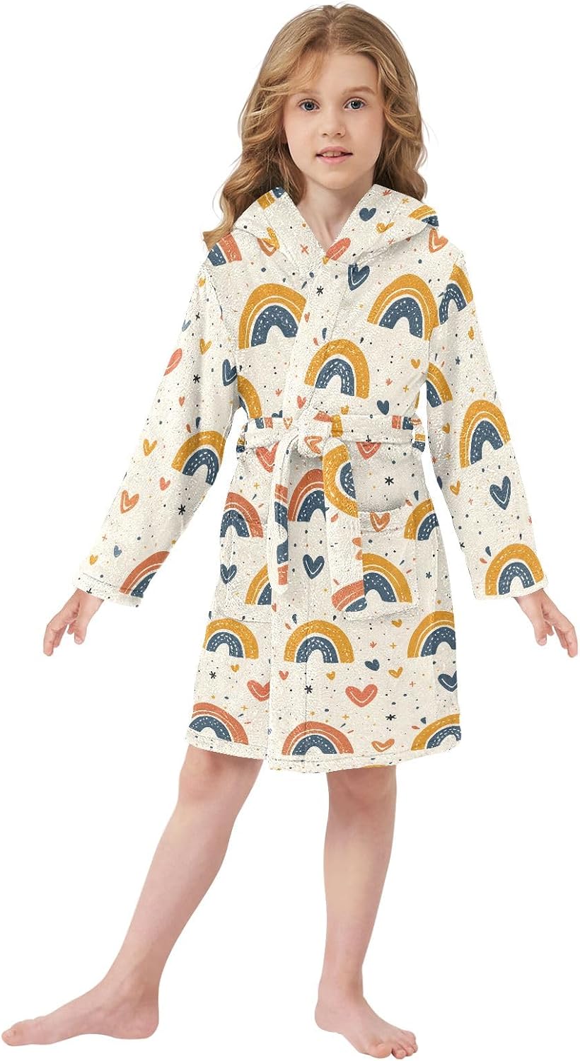 Retro Hearts and Rainbows Toddler Hooded Bathrobe for Boys Girls Soft Plush Bath Towel Robe 2-12 Years