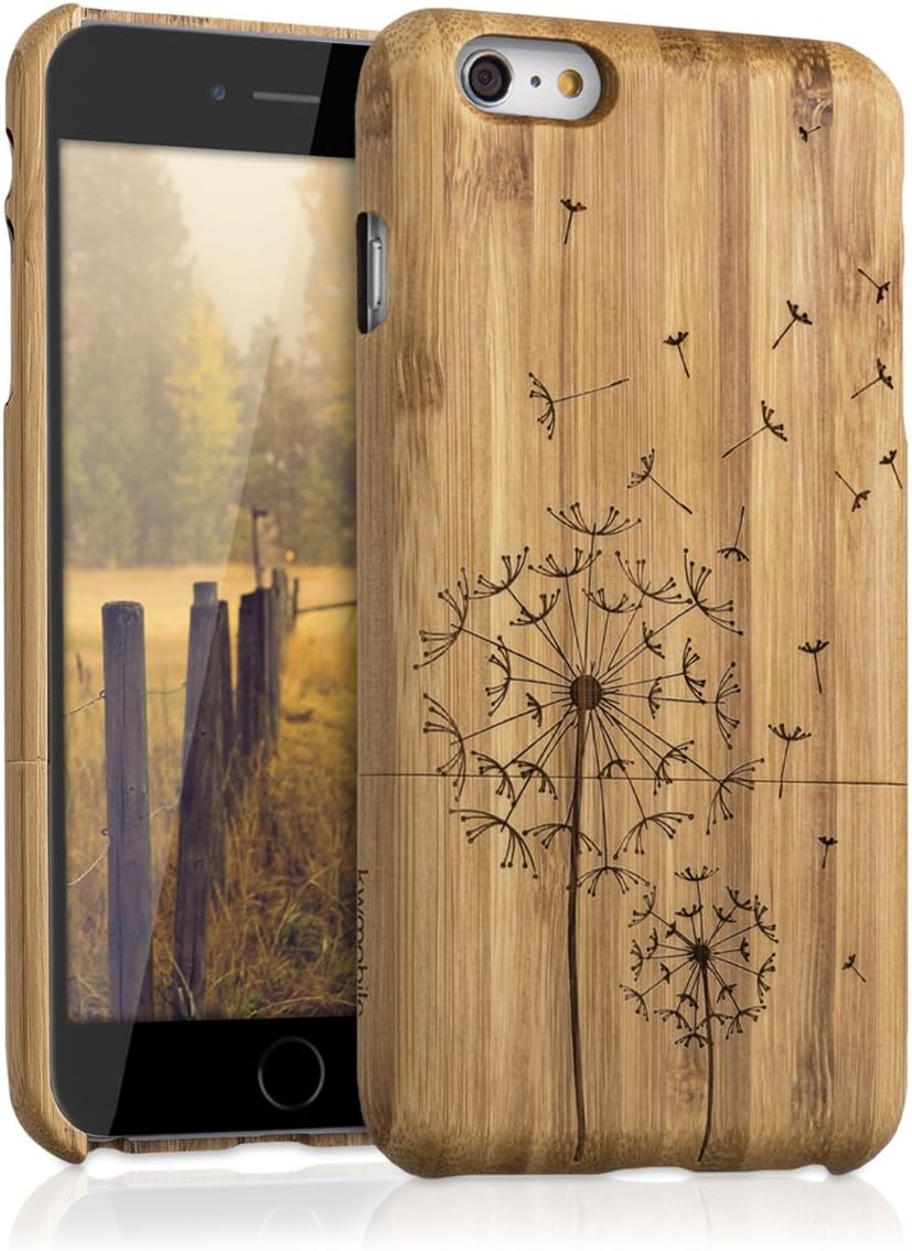 kwmobile Bamboo Wood Case Compatible with Apple iPhone 6 Plus / 6S Plus - Natural Solid Hard Wooden Protective Cover - Dandelions Light Brown