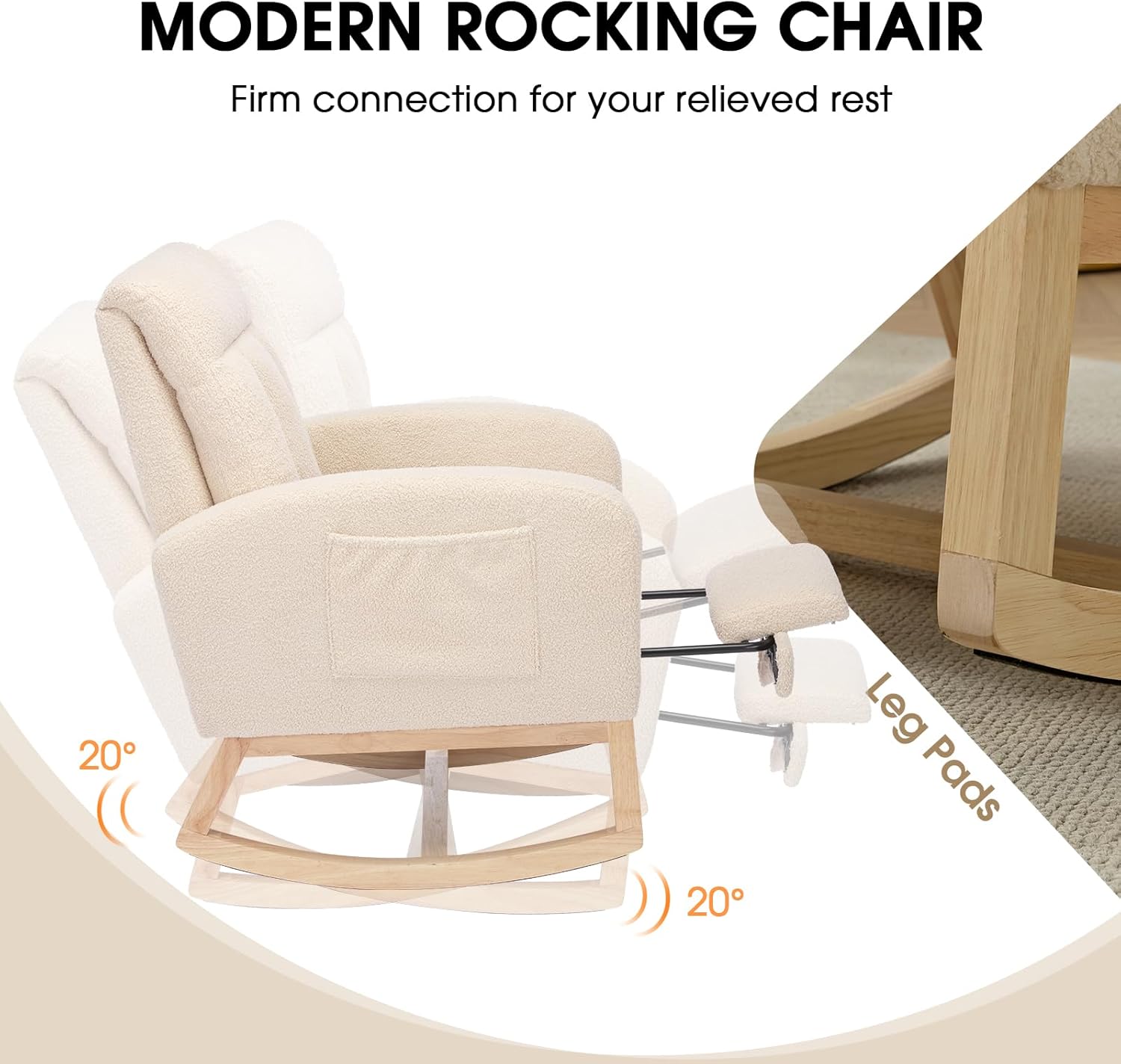 NIOIIKIT Modern Nursery Rocking Chair, Teddy Upholstered Rocking Chair with Footrest, Comfortable Glider Rocker with Side Pocket for Living Room, Bedroom, Nursing Room (Beige)