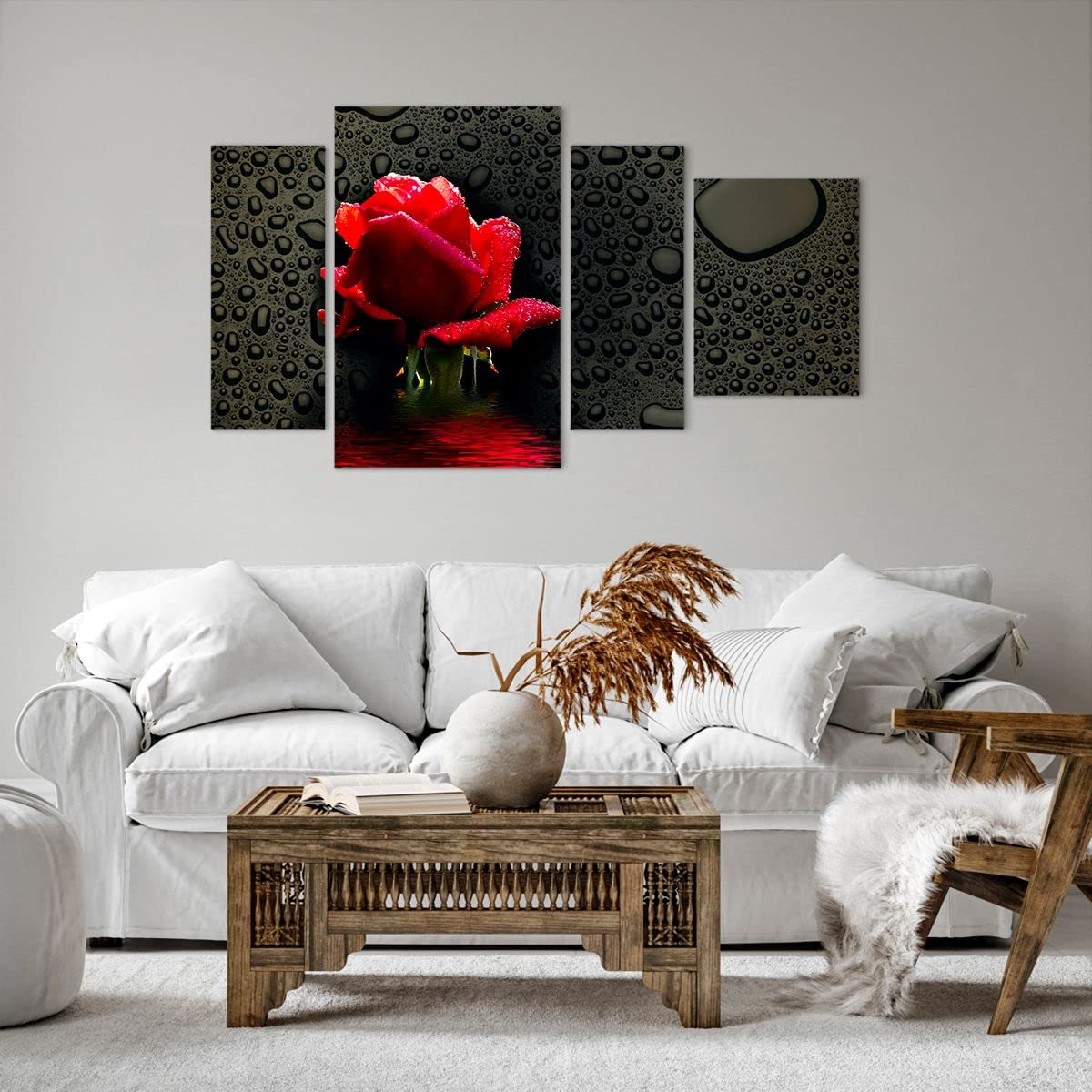 Tableau Déco Moderne Impression Sur Verre 100x70 Cm - Motif Fleur Rose Rouge Avec Gouttes D'eau, Marque ARTTOR, Neuf, Pour Salon Ou Chambre