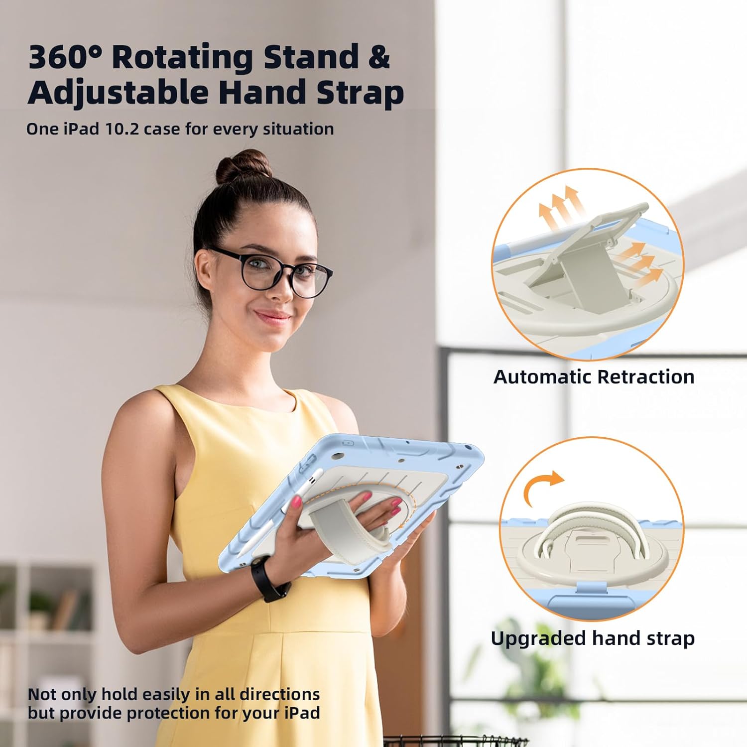 Case for iPad 9th/8th/7th Generation-Built-in Screen Protector,with Pencil Holder&360°Rotating Hand Strap,Shoulder Strap,Case for iPad 10.2 inch 2021-2019(Blue/Beige)