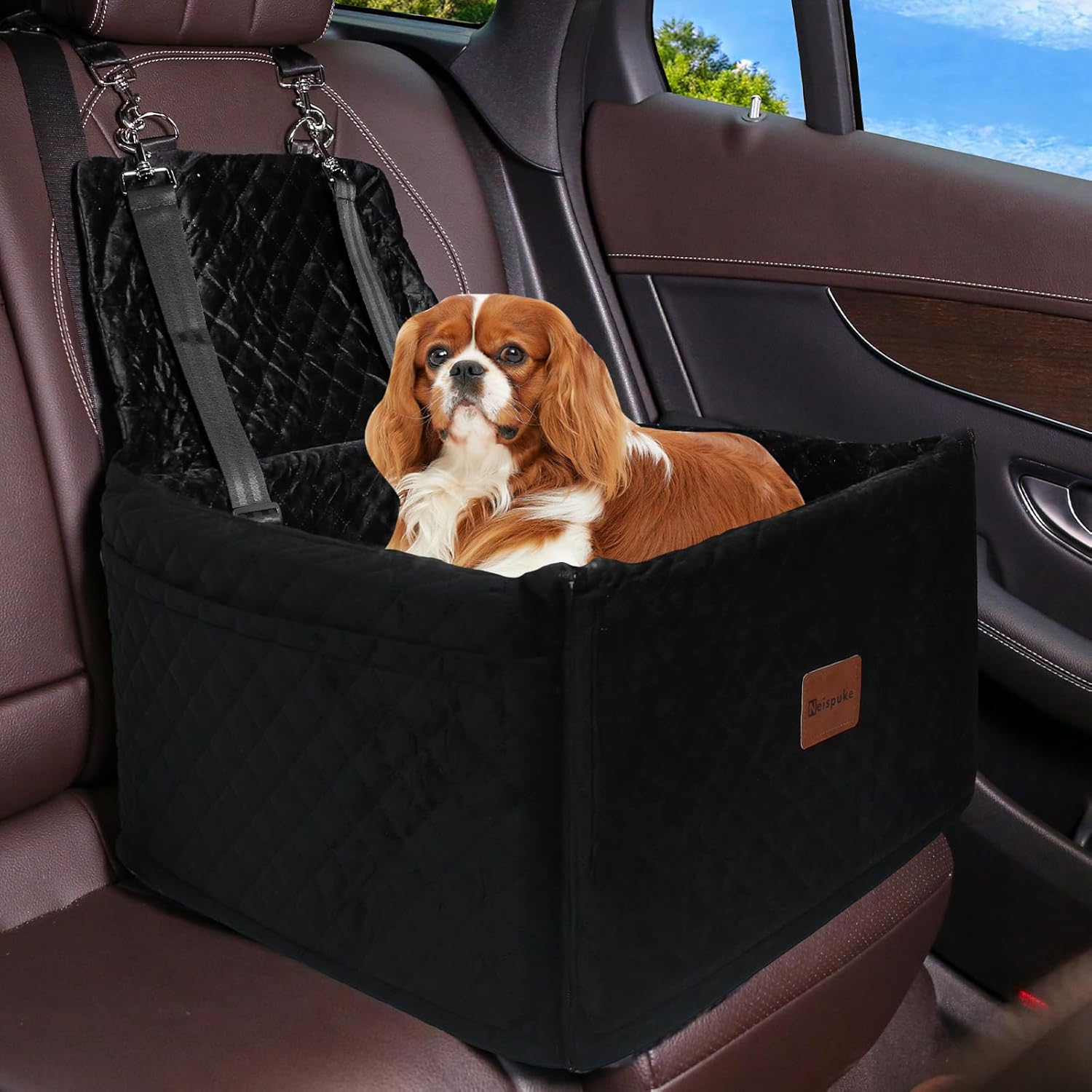Dog Car Seat for Large Medium Dogs, Detachable Washable Pet Car Seat Under 55 lbs or 2 Small Dogs, Dog Booster Seat with Thick Cushion and Storage Pockets,2 Safety Leashes (Black)